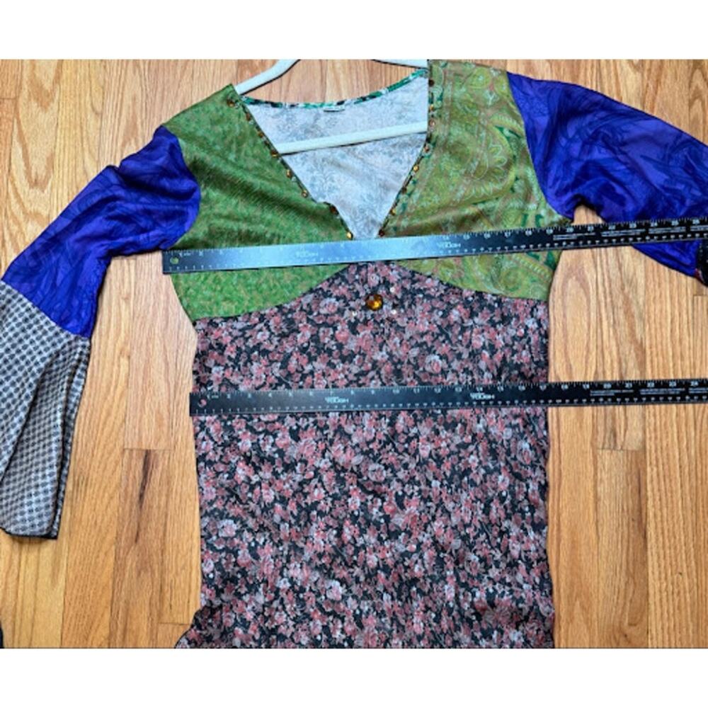 Vintage Y2K Whimsigoth Patchwork Bell Sleeve Dress Beaded V-Neck Floral Boho - Picture 5 of 8